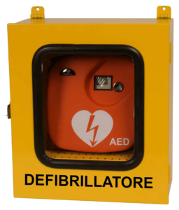 Immagine di un defibrillatore nella sua teca